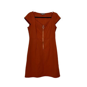 SHARAGANO Dress Womens 8 Rust Orange Cap Sleeve VNeck Zip Front Knee Length